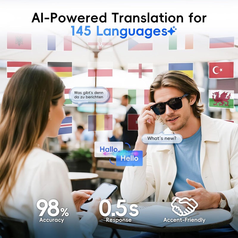 GetD AI Glasses for Men & Women, Smart Glasses Powered by ChatGPT, AI Real-time Translation with 145 languages, 11H Music Play, Bluetooth Sunglasses with Polarized Lens, UV Protection for Daily Use, Travel - Image 3